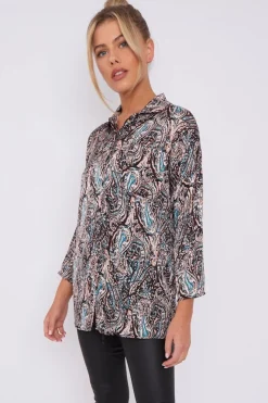 Black Paisley Print Layer Satin Oversized Shirt by LOVE SUNSHINE