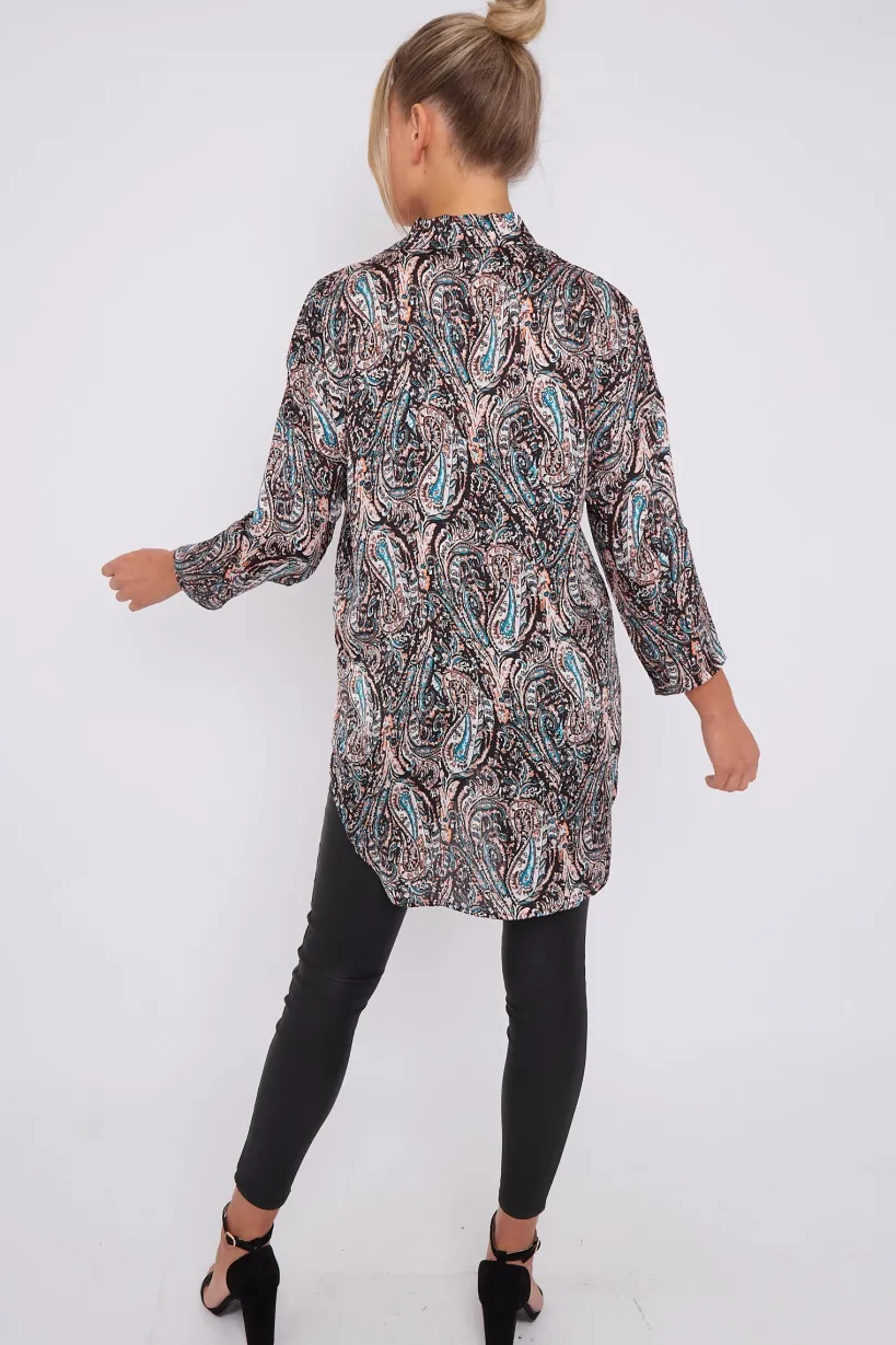 Black Paisley Print Layer Satin Oversized Shirt by LOVE SUNSHINE