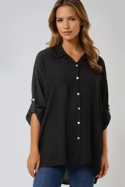 Black Relaxed Fit Roll Sleeve Shirt by Aftershock London