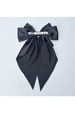 Black Satin Hair Bow Black Hair Clip Long Bow by QueenMee Accessories