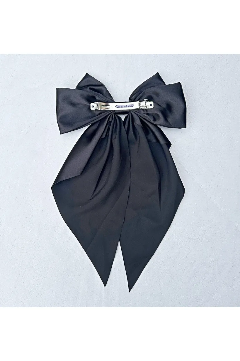 Black Satin Hair Bow Black Hair Clip Long Bow by QueenMee Accessories