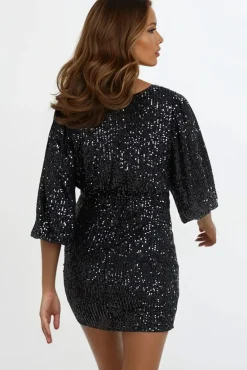 Black Sequin V Neck Mini Dress by Aftershock London