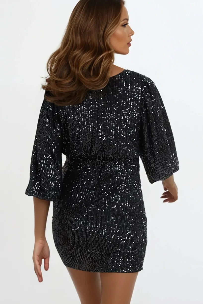 Black Sequin V Neck Mini Dress by Aftershock London