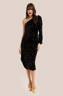 Black Sequin Velvet One Shoulder Midi Dress by Liquorish