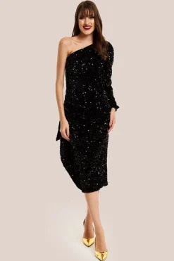 Black Sequin Velvet One Shoulder Midi Dress by Liquorish