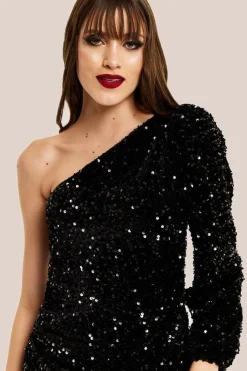 Black Sequin Velvet One Shoulder Midi Dress by Liquorish