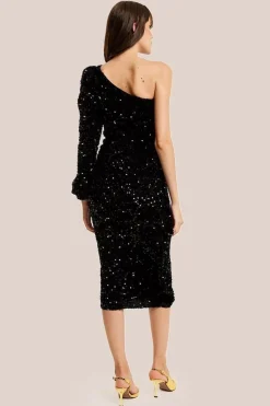 Black Sequin Velvet One Shoulder Midi Dress by Liquorish