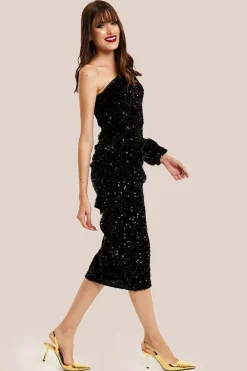 Black Sequin Velvet One Shoulder Midi Dress by Liquorish