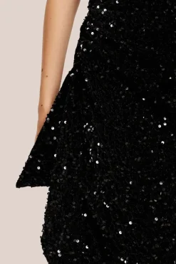Black Sequin Velvet One Shoulder Midi Dress by Liquorish