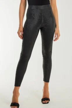 Black Snake Print Leather Look Leggings by Aftershock London