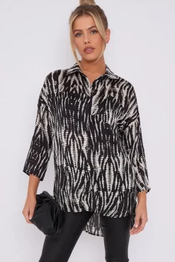 Black Tie Dye Print Satin Oversized Shirt by LOVE SUNSHINE