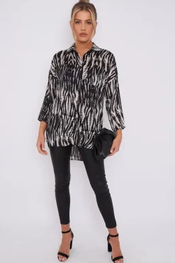 Black Tie Dye Print Satin Oversized Shirt by LOVE SUNSHINE