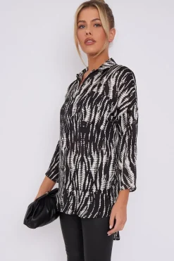 Black Tie Dye Print Satin Oversized Shirt by LOVE SUNSHINE