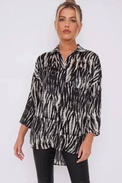 Black Tie Dye Print Satin Oversized Shirt by LOVE SUNSHINE