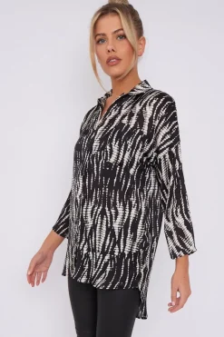 Black Tie Dye Print Satin Oversized Shirt by LOVE SUNSHINE