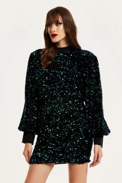 Black Velvet Based Green And Blue Sequin Mini Dress by Liquorish
