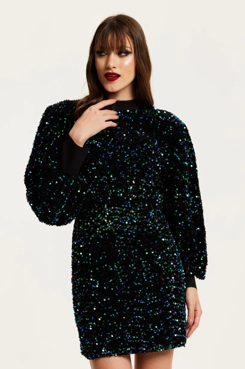 Black Velvet Based Green And Blue Sequin Mini Dress by Liquorish
