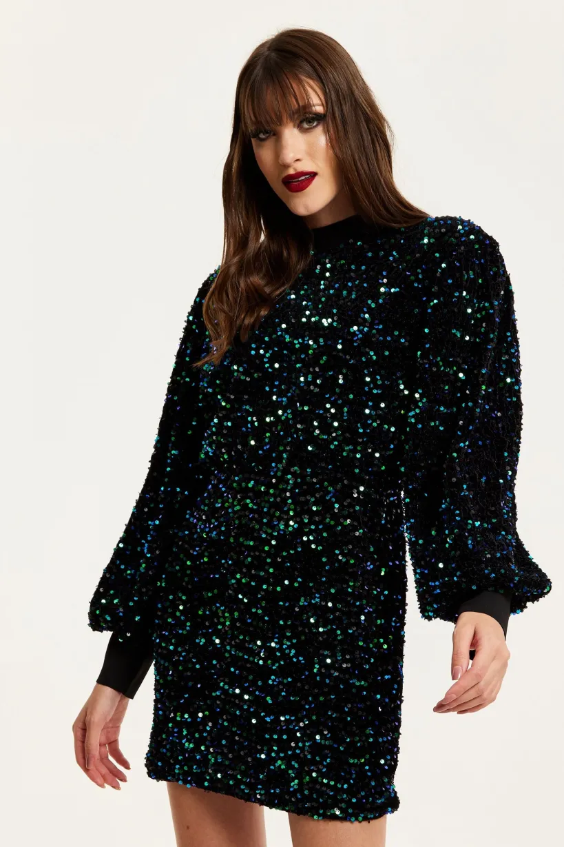 Black Velvet Based Green And Blue Sequin Mini Dress by Liquorish