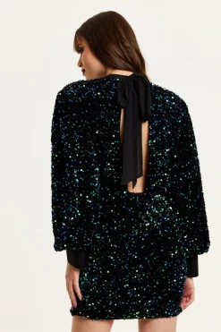Black Velvet Based Green And Blue Sequin Mini Dress by Liquorish