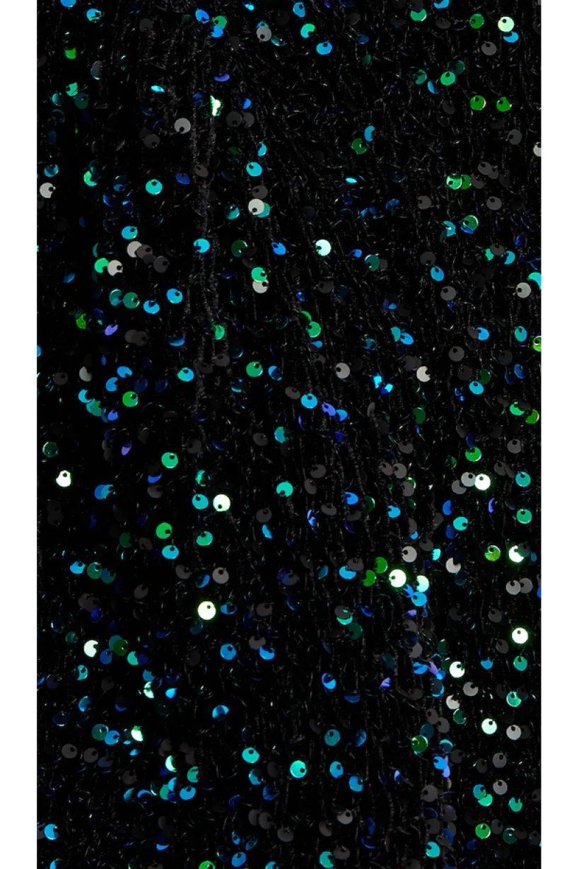 Black Velvet Based Green And Blue Sequin Mini Dress by Liquorish