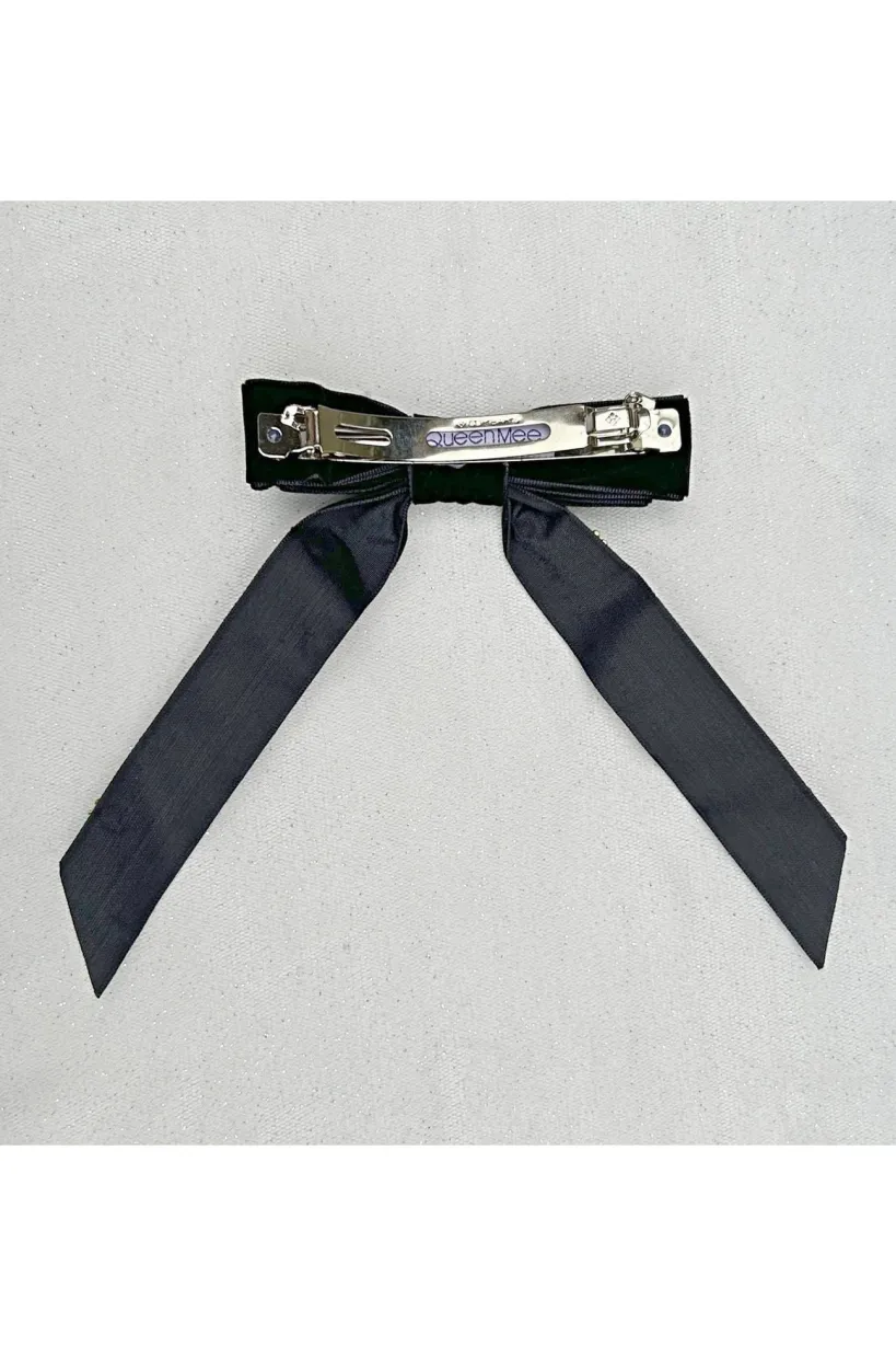 Black Velvet Bow Hair Clip With Jewels by QueenMee Accessories