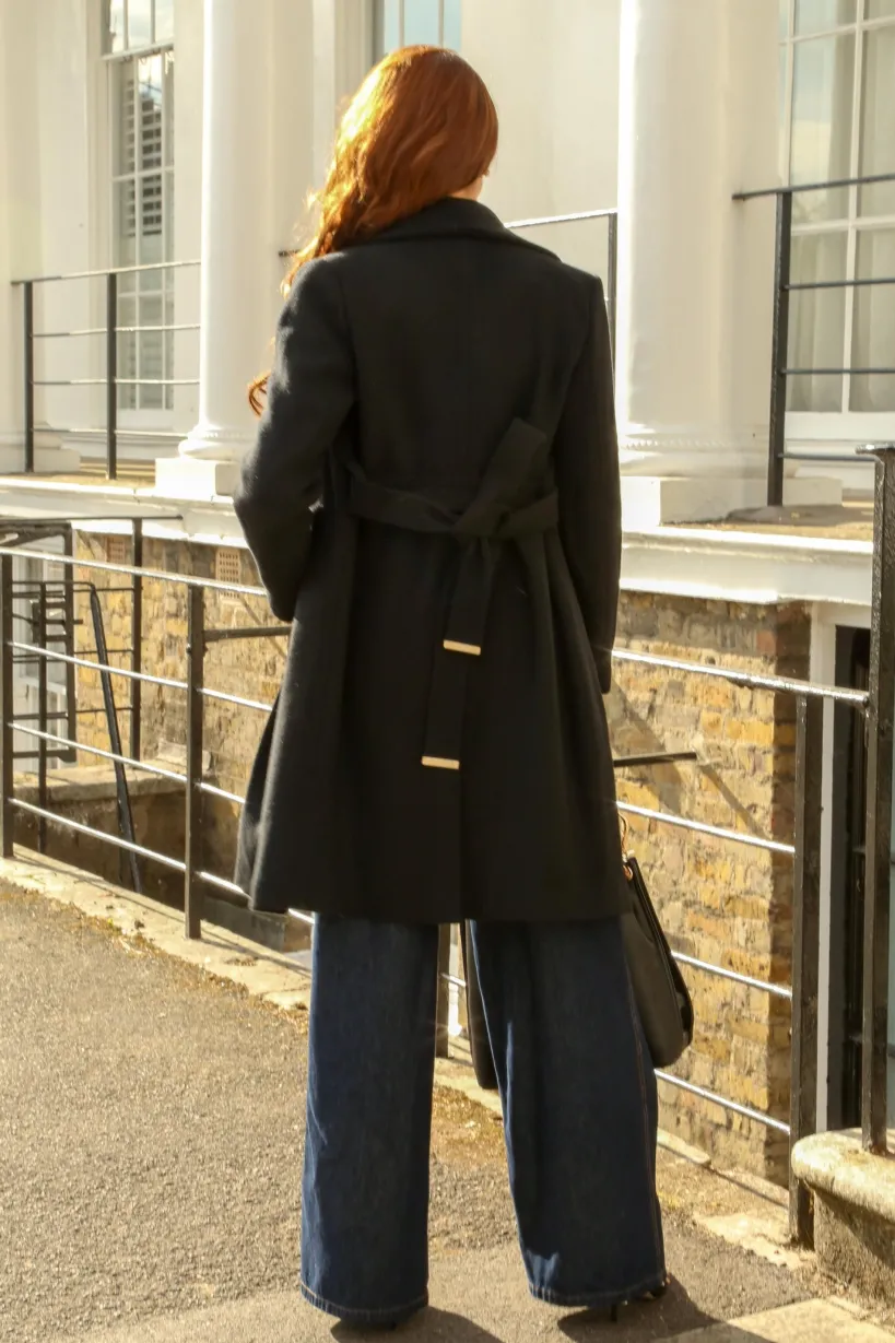 Black Wool Blend Wrap Coat by Double Second