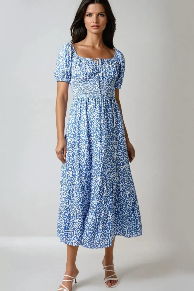 Blue Animal Print Shirred Midi Dress by Aftershock London