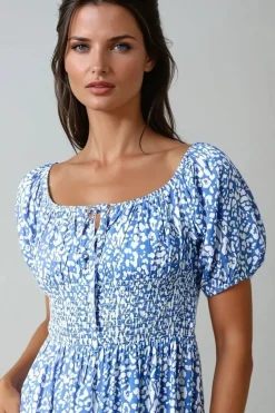 Blue Animal Print Shirred Midi Dress by Aftershock London