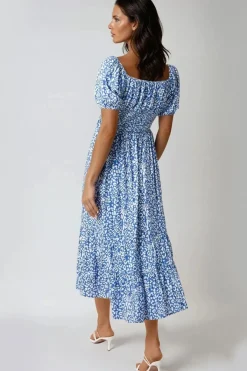 Blue Animal Print Shirred Midi Dress by Aftershock London