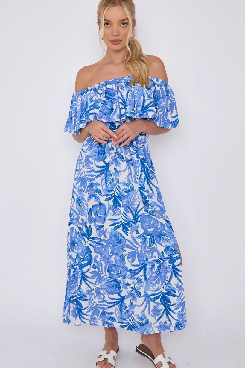 Blue Leaf Floral Print Bardot Maxi Dress by LOVE SUNSHINE
