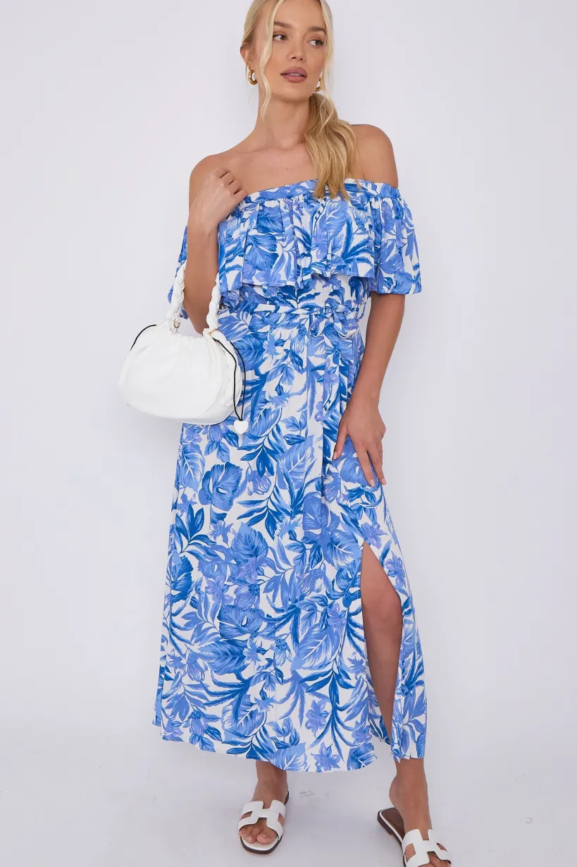 Blue Leaf Floral Print Bardot Maxi Dress by LOVE SUNSHINE