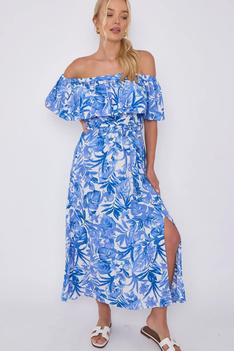 Blue Leaf Floral Print Bardot Maxi Dress by LOVE SUNSHINE