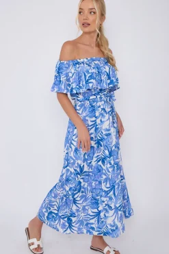 Blue Leaf Floral Print Bardot Maxi Dress by LOVE SUNSHINE