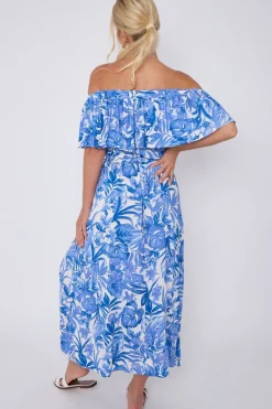 Blue Leaf Floral Print Bardot Maxi Dress by LOVE SUNSHINE