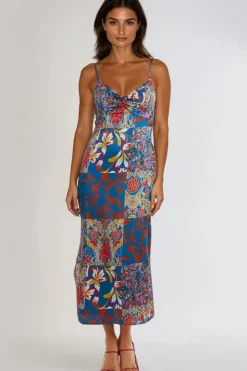 Blue Patchwork Cami Maxi Dress by Aftershock London