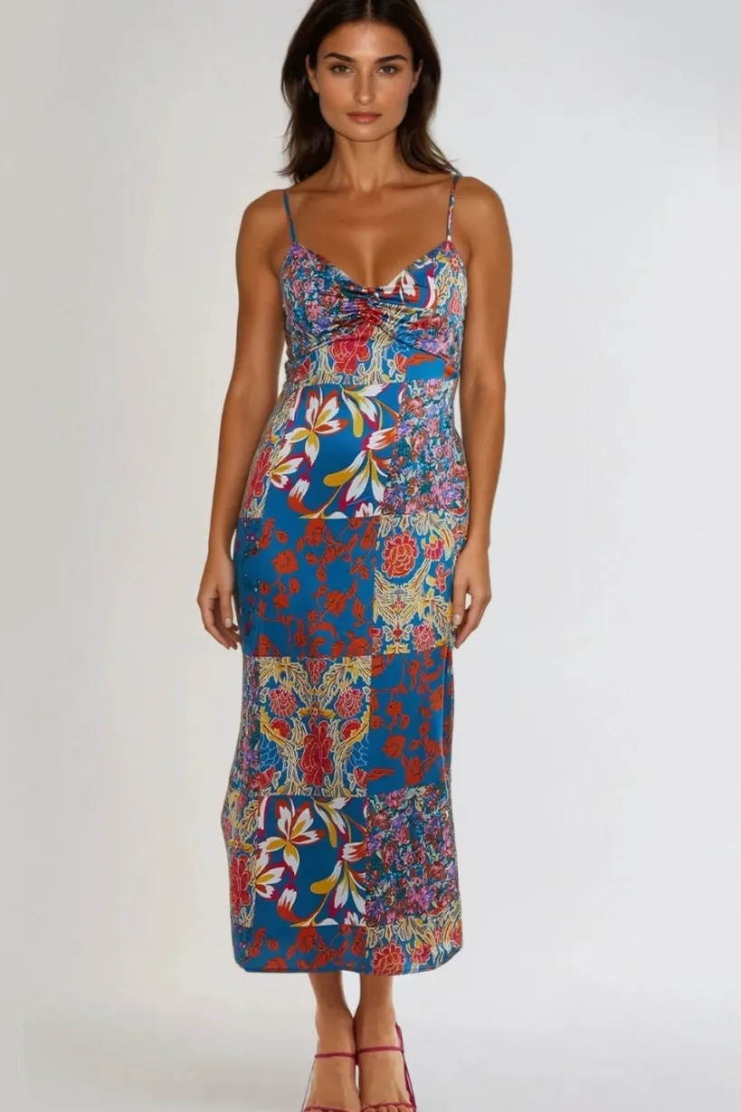 Blue Patchwork Cami Maxi Dress by Aftershock London
