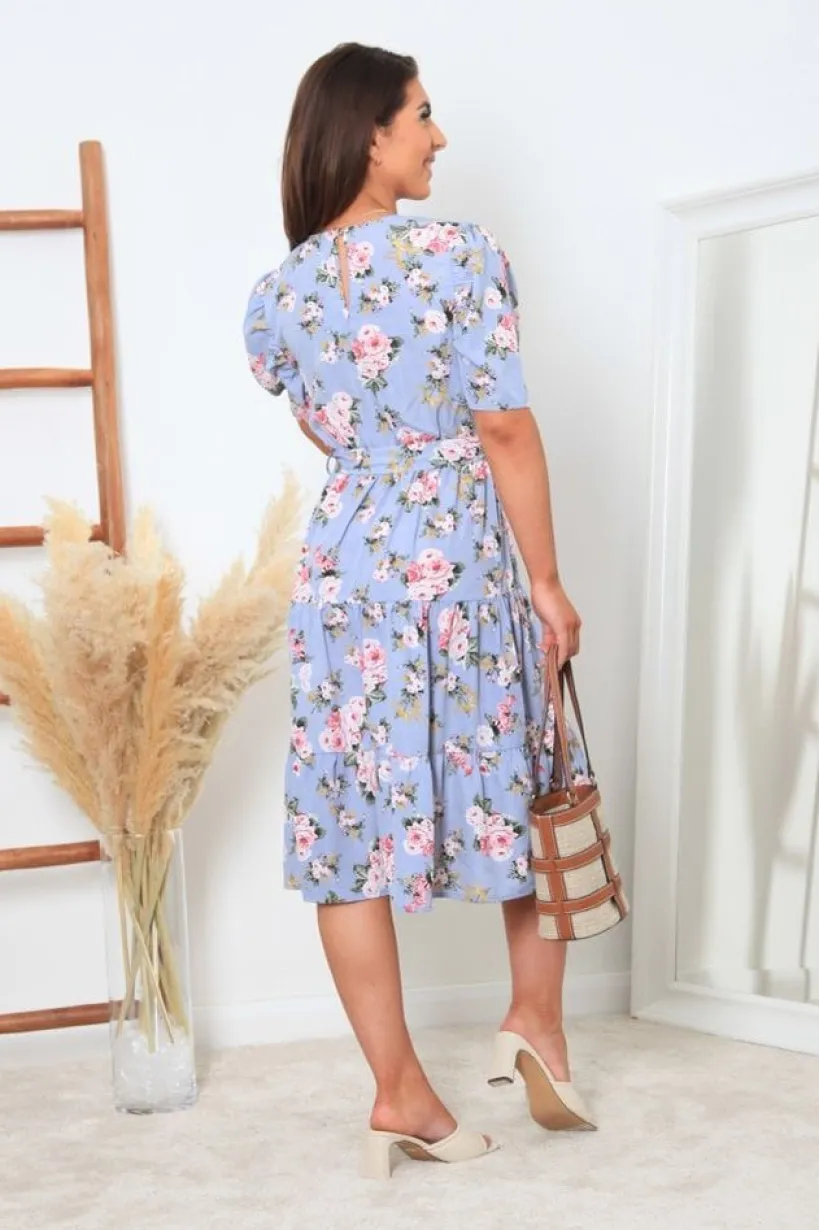 Blue Printed Puff Sleeve Wrap Dress by Double Second
