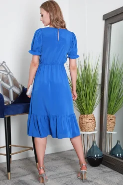 Blue Puff Sleeve Wrap Front Midi Dress by Double Second
