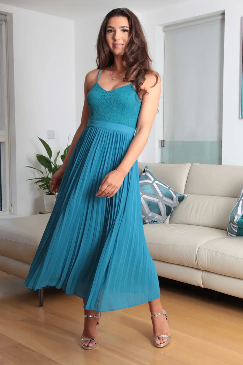 Blue Strappy Pleated Lace Dress by Double Second