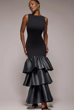 Boat Neck Satin & Scuba Crepe Tiered Maxi Dress - Black by Goddiva