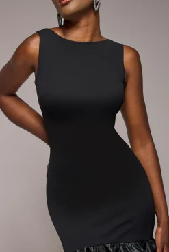 Boat Neck Satin & Scuba Crepe Tiered Maxi Dress - Black by Goddiva