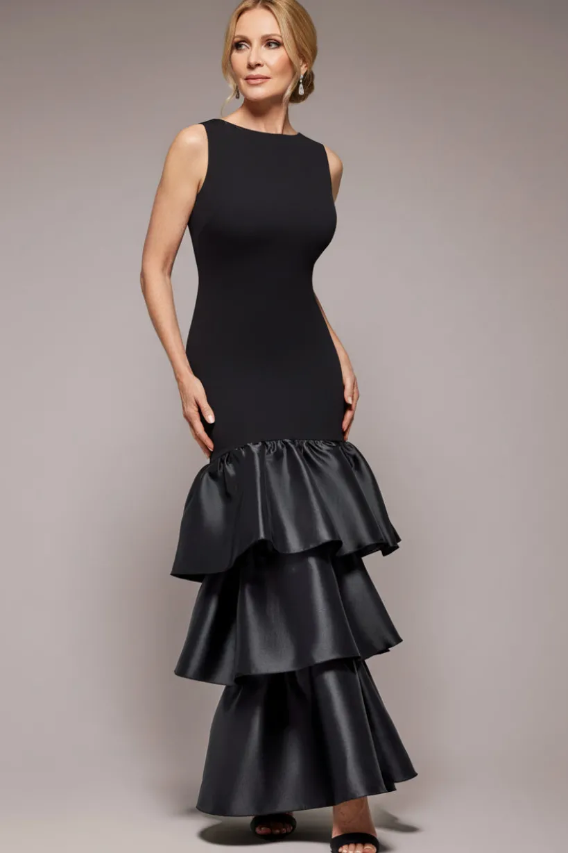 Boat Neck Satin & Scuba Crepe Tiered Maxi Dress - Black by Goddiva