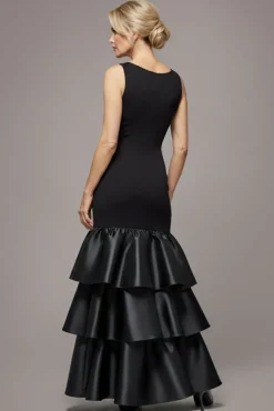 Boat Neck Satin & Scuba Crepe Tiered Maxi Dress - Black by Goddiva
