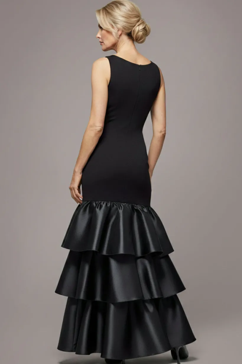 Boat Neck Satin & Scuba Crepe Tiered Maxi Dress - Black by Goddiva