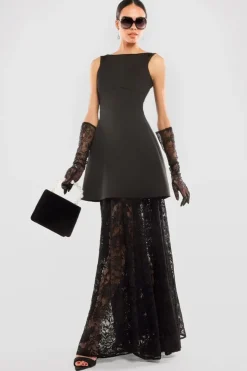 Boatneck Mini With Lace A-Line Skirt & Gloves - Black by Goddiva