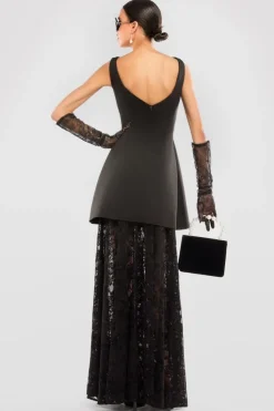 Boatneck Mini With Lace A-Line Skirt & Gloves - Black by Goddiva