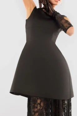 Boatneck Mini With Lace A-Line Skirt & Gloves - Black by Goddiva