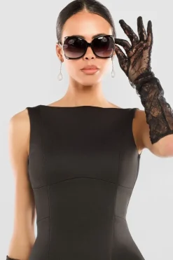 Boatneck Mini With Lace A-Line Skirt & Gloves - Black by Goddiva