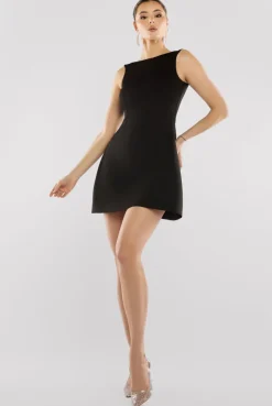 Boatneck Open Back Scuba Mini Dress - Black by Goddiva