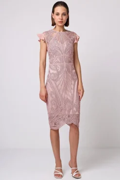 Bodycon Lace Midi Dress In Rose Pink by Angeleye